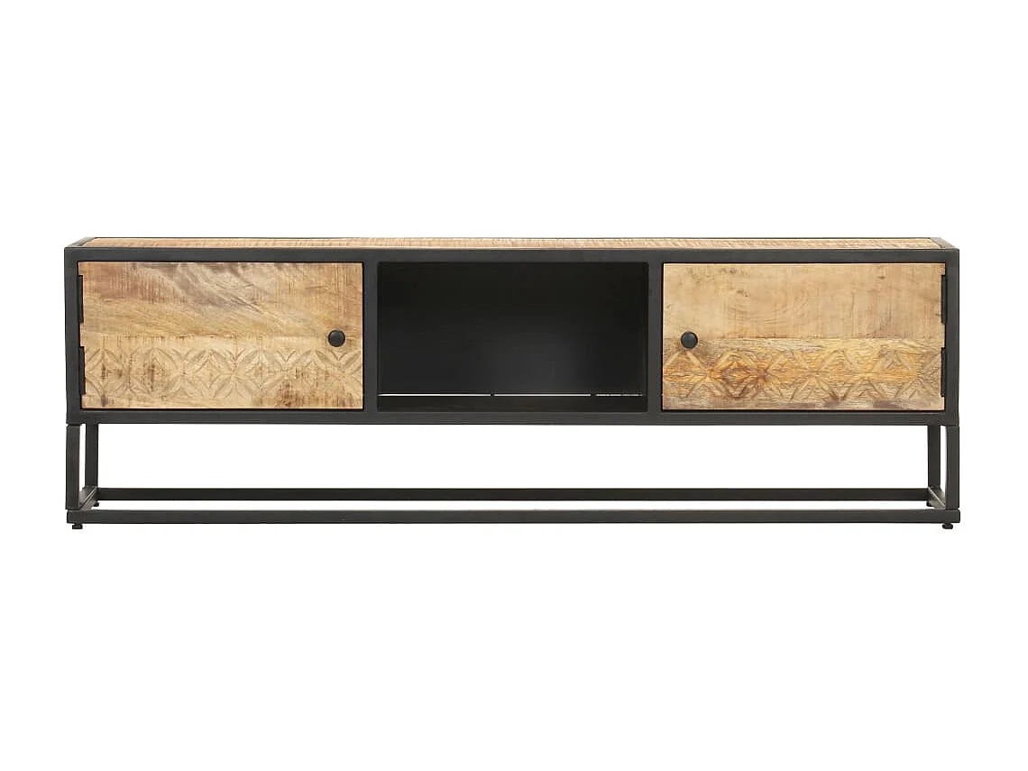 Meuble TV avec porte sculptée 130x30x40 Bois de manguier brut