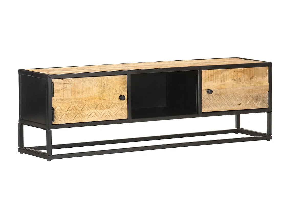 Meuble TV avec porte sculptée 130x30x40 Bois de manguier brut