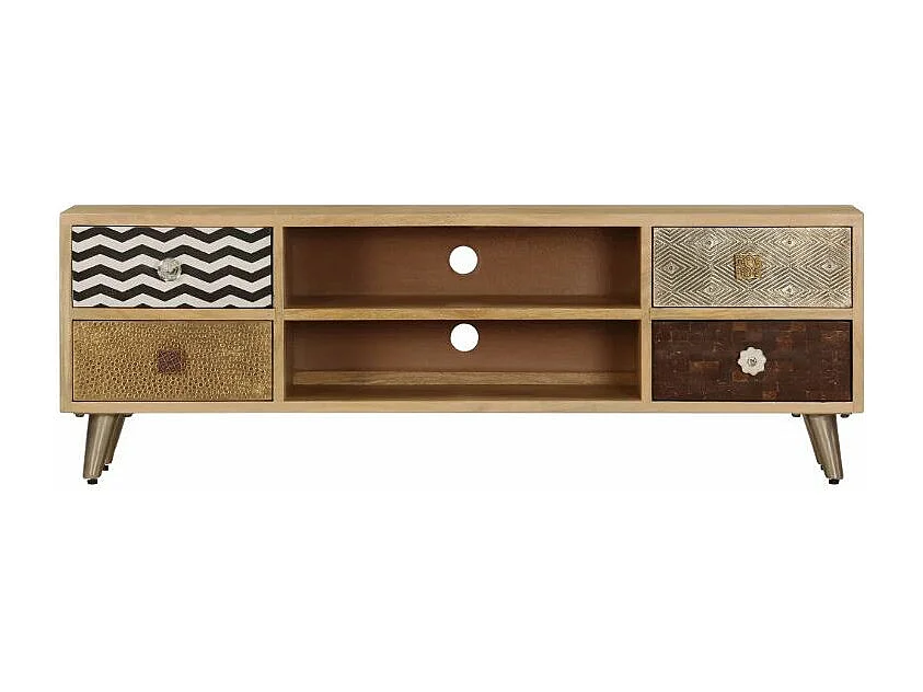 Meuble TV 4 tiroirs manguier massif et métal doré Pictou