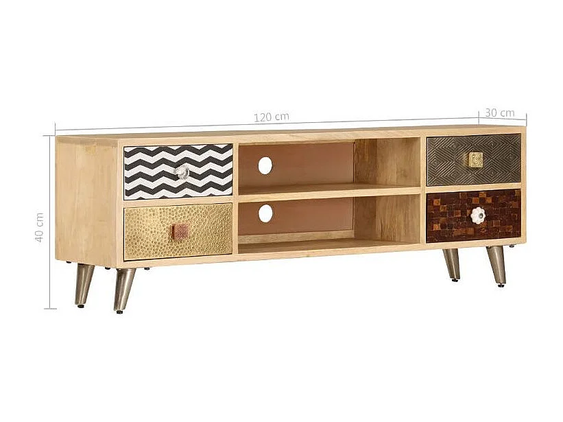 Meuble TV 4 tiroirs manguier massif et métal doré Pictou