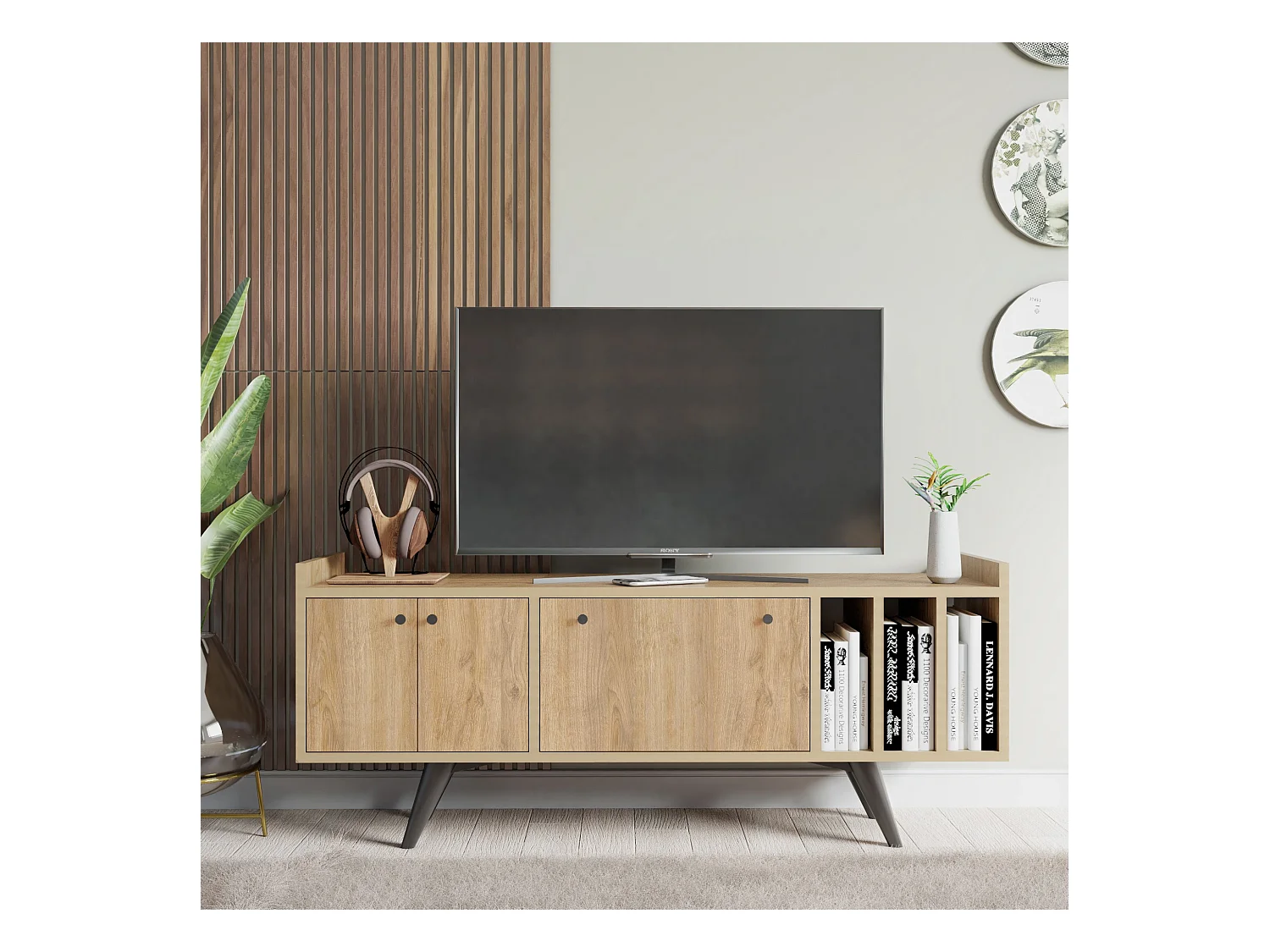 Meuble TV 3 portes 3 étagères verticales bois clair Bibola 150cm