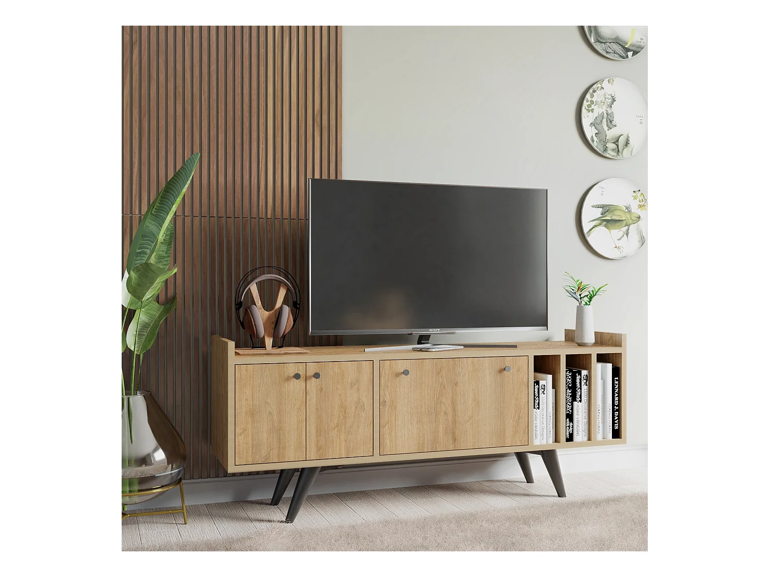 Meuble TV 3 portes 3 étagères verticales bois clair Bibola 150cm