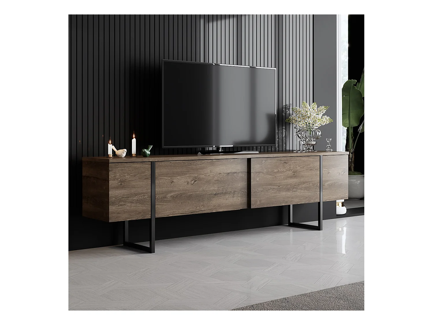 Meuble TV moderne 2 portes battantes en bois et pieds en acier Taky 180cm-Couleur Marron