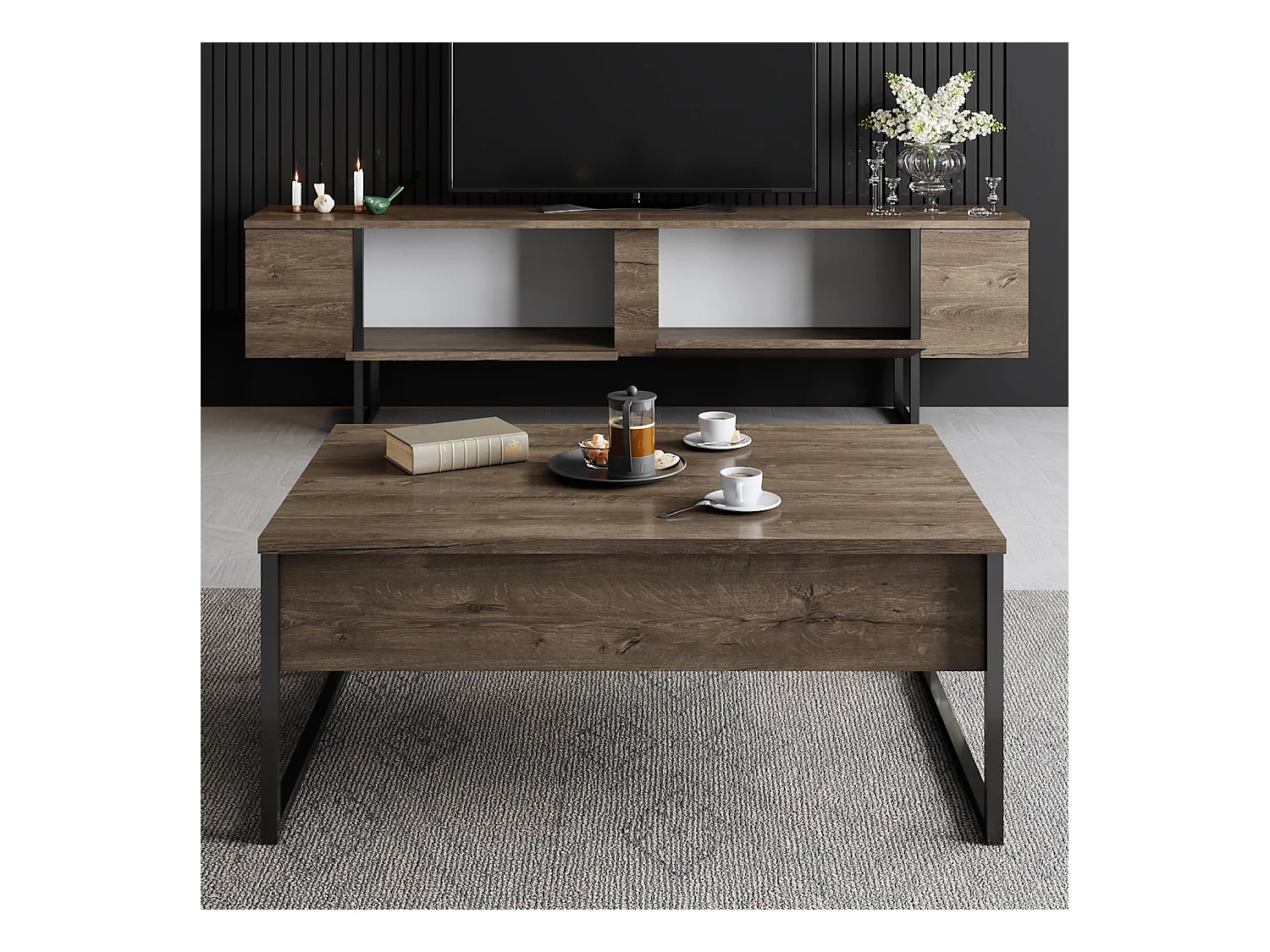 Meuble TV moderne 2 portes battantes en bois et pieds en acier Taky 180cm-Couleur Marron