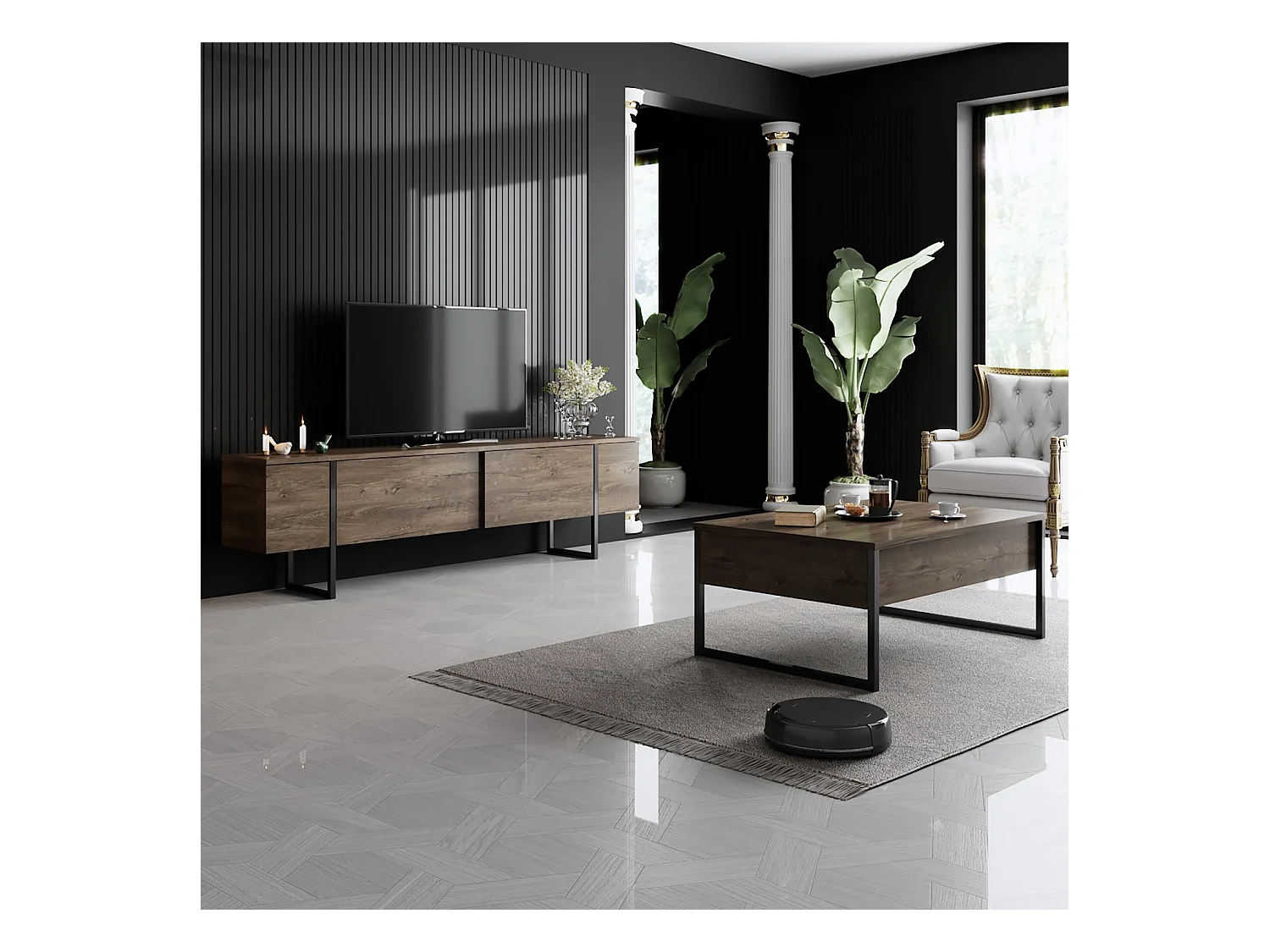 Meuble TV moderne 2 portes battantes en bois et pieds en acier Taky 180cm-Couleur Marron