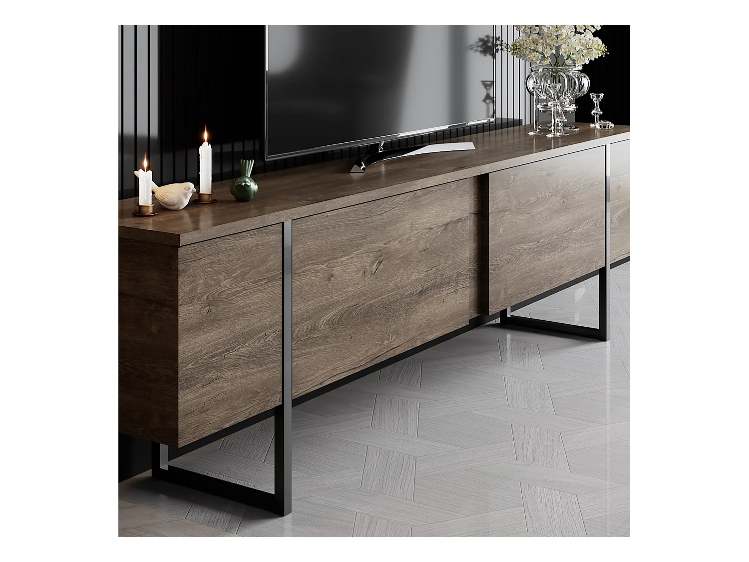 Meuble TV moderne 2 portes battantes en bois et pieds en acier Taky 180cm-Couleur Marron