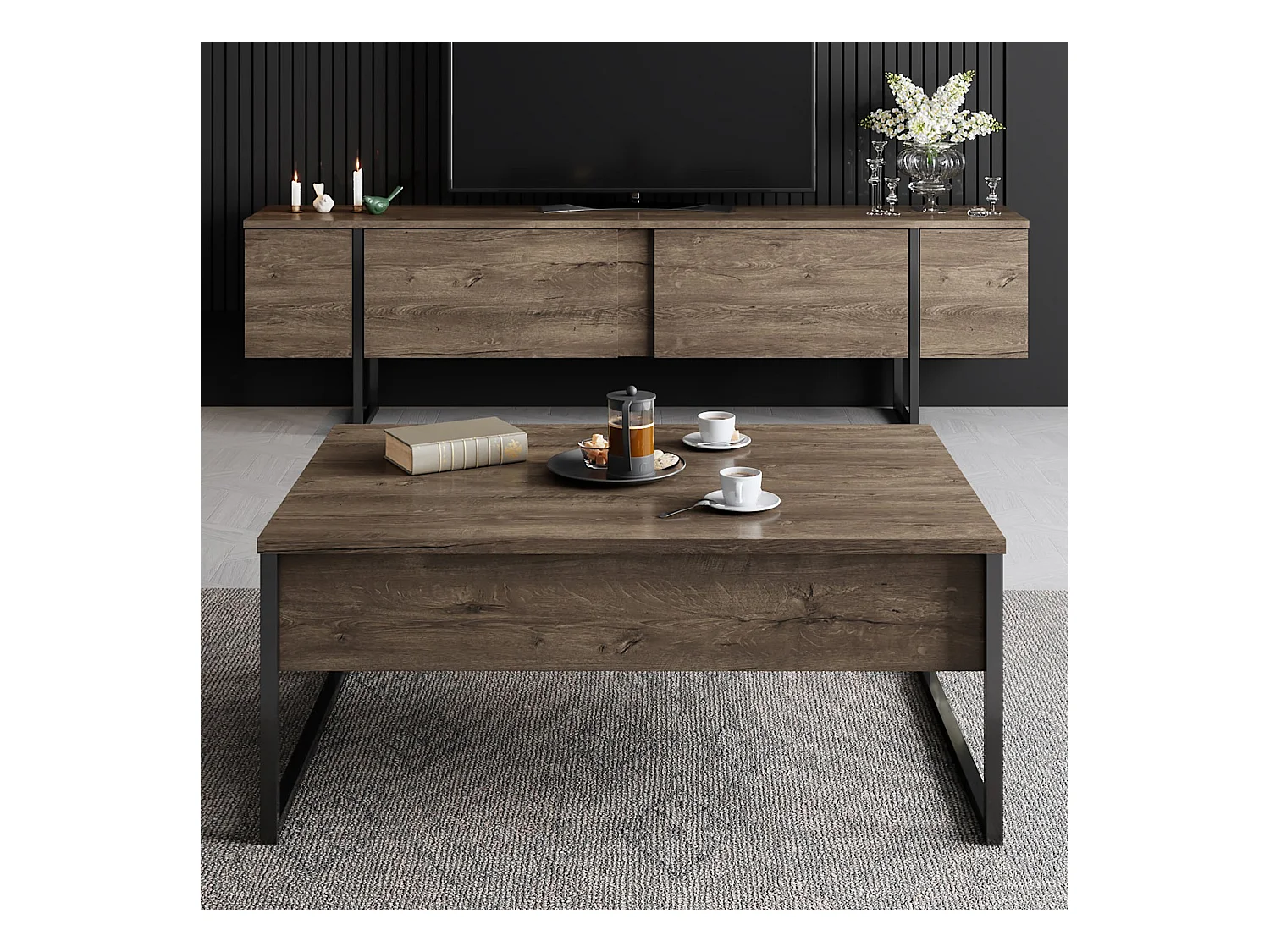 Meuble TV moderne 2 portes battantes en bois et pieds en acier Taky 180cm-Couleur Marron