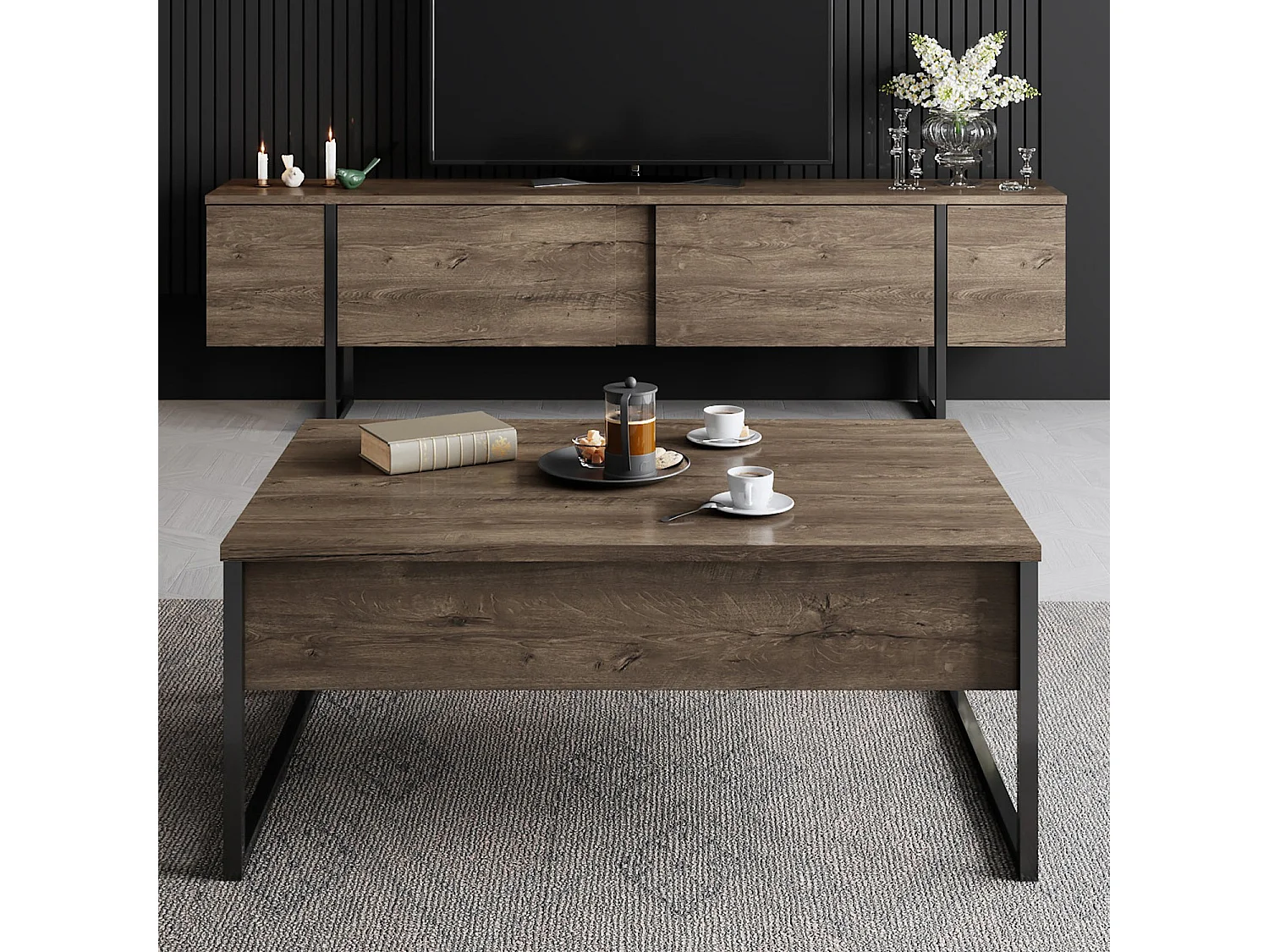 Meuble TV moderne 2 portes battantes en bois et pieds en acier Taky 180cm-Couleur Marron