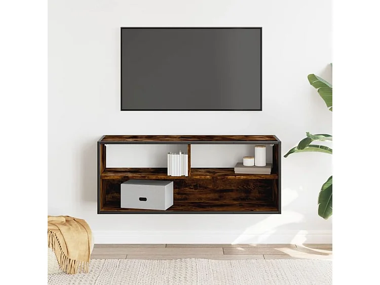 Meuble TV chêne fumé 100x31x39,5 bois d'ingénierie et métal