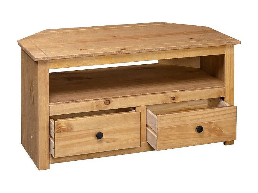 Meuble TV 2 tiroirs pin massif foncé Urda 93cm