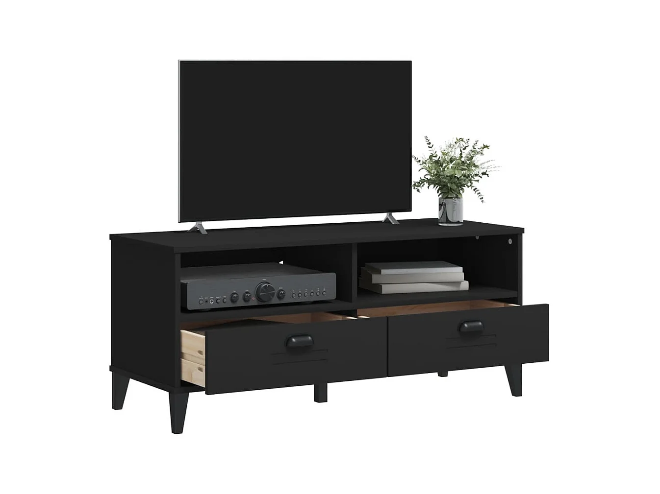 Meuble TV VIKEN noir bois de pin solide