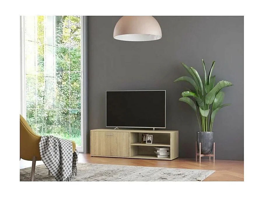 Meuble TV 1 porte 2 niches bois chêne clair Issero 120cm