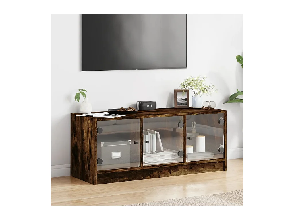 Meuble TV avec portes en verre chêne fumé 102x37x42