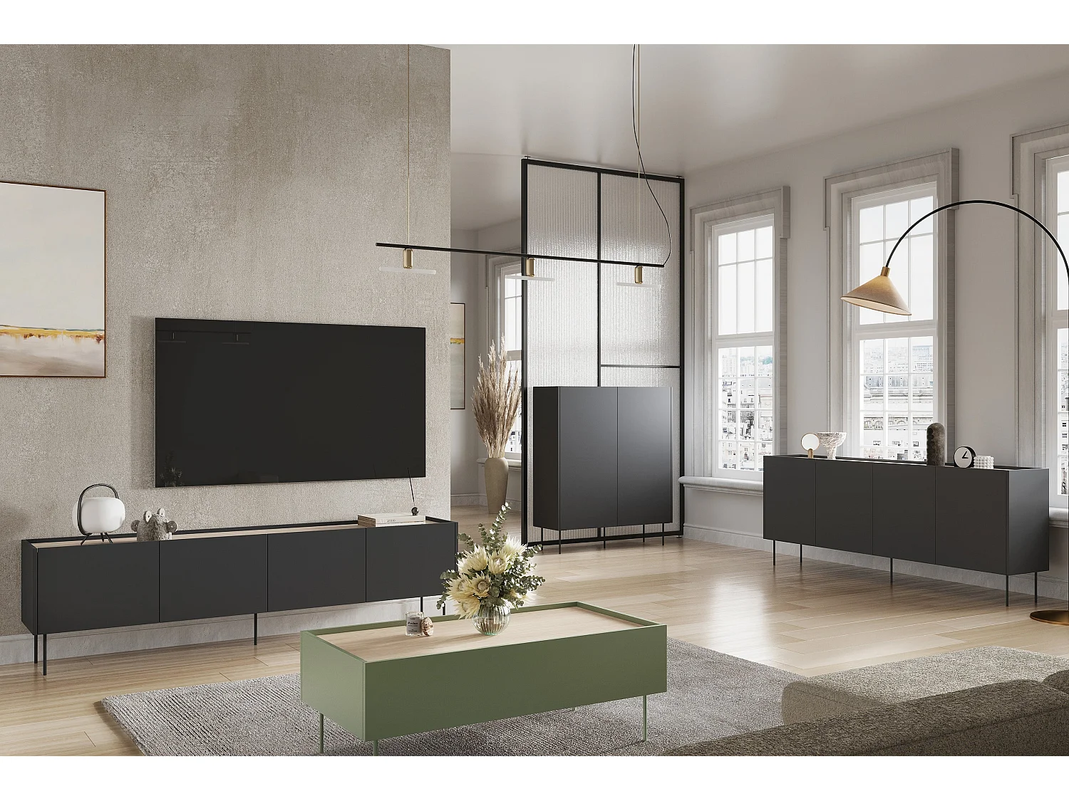 TV-meubel 4 deuren 1 lade met metalen voet 220x60 cm