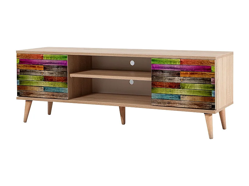 Meuble TV en bois clair à lamelles avec niche Kiza 726