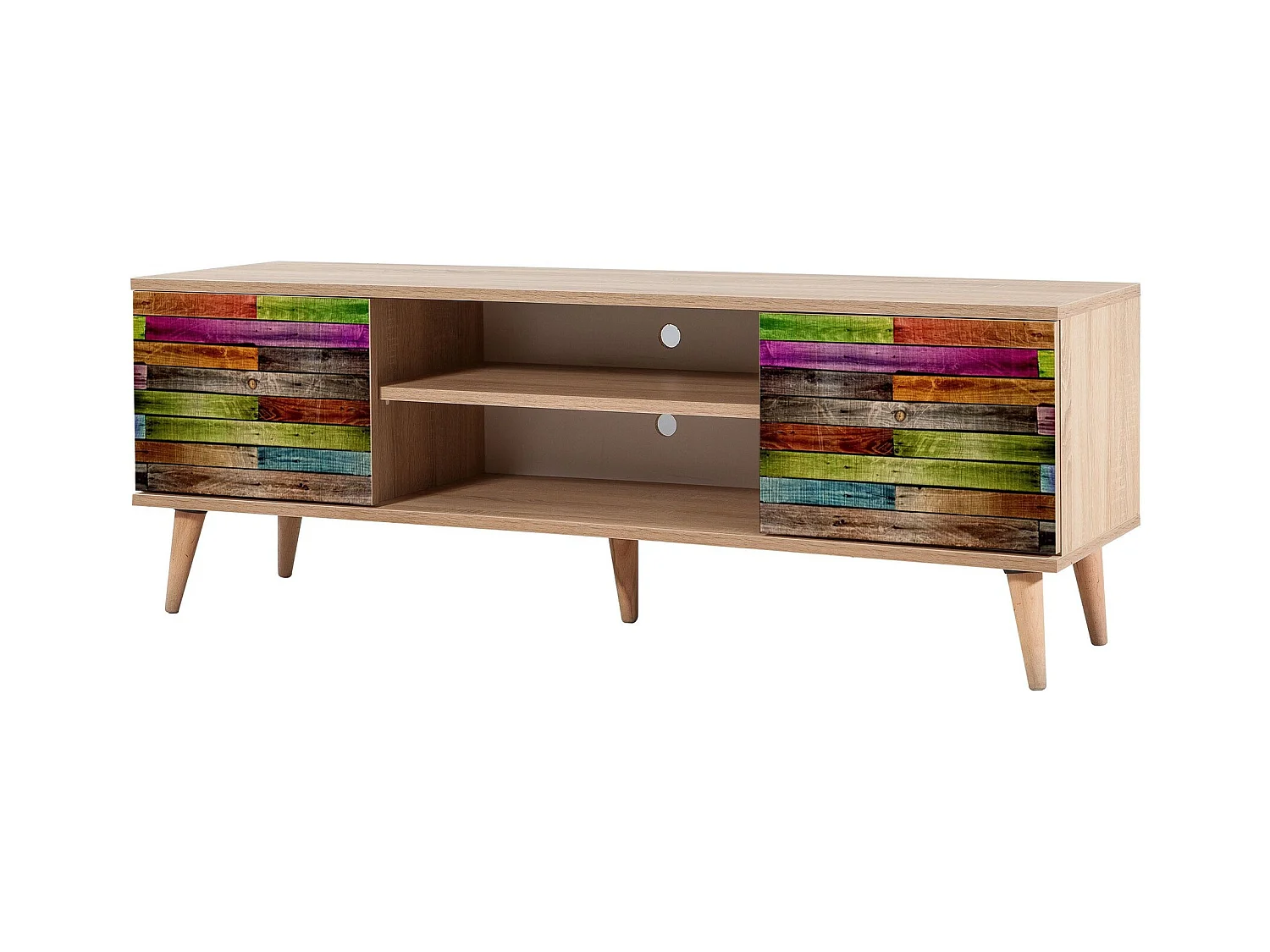 Meuble TV en bois clair à lamelles avec niche Kiza 726