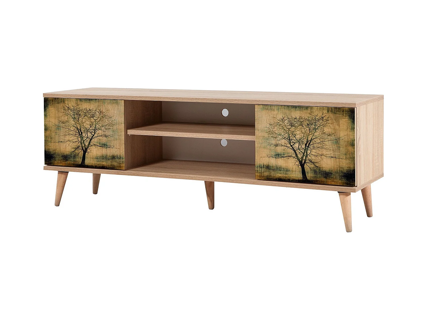 Meuble TV en bois clair à lamelles avec niche Kiza 729