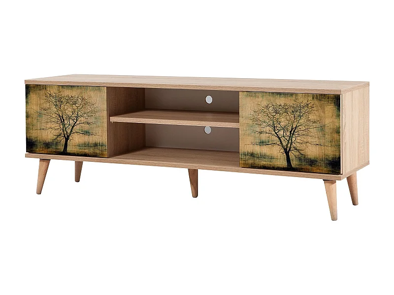 Meuble TV en bois clair à lamelles avec niche Kiza 729