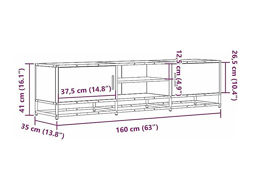 Meuble TV chêne fumé 160x35x41 bois d'ingénierie et métal