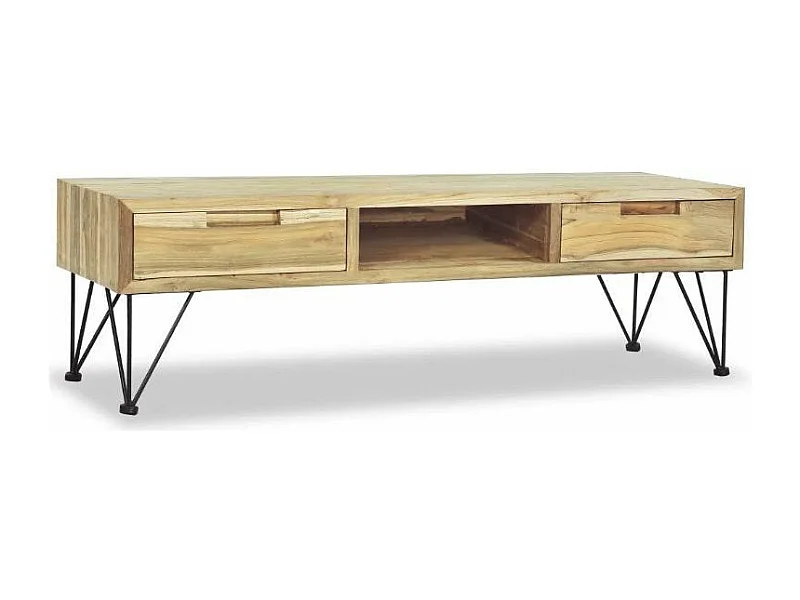 Meuble TV 2 tiroirs teck massif recyclé et pieds métal Weni