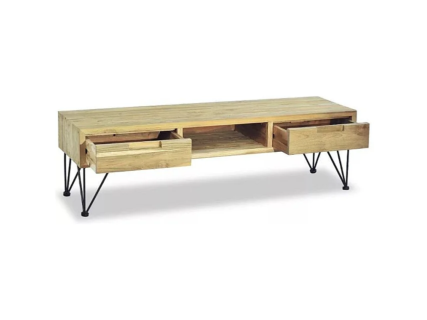 Meuble TV 2 tiroirs teck massif recyclé et pieds métal Weni