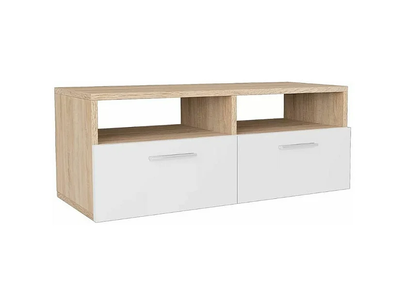 Meuble TV 2 portes 2 niches bois chêne clair et blanc Chickie L95xH36xP35