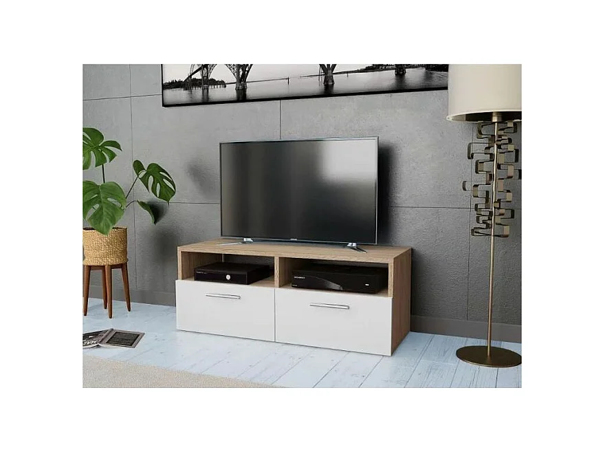 Meuble TV 2 portes 2 niches bois chêne clair et blanc Chickie L95xH36xP35