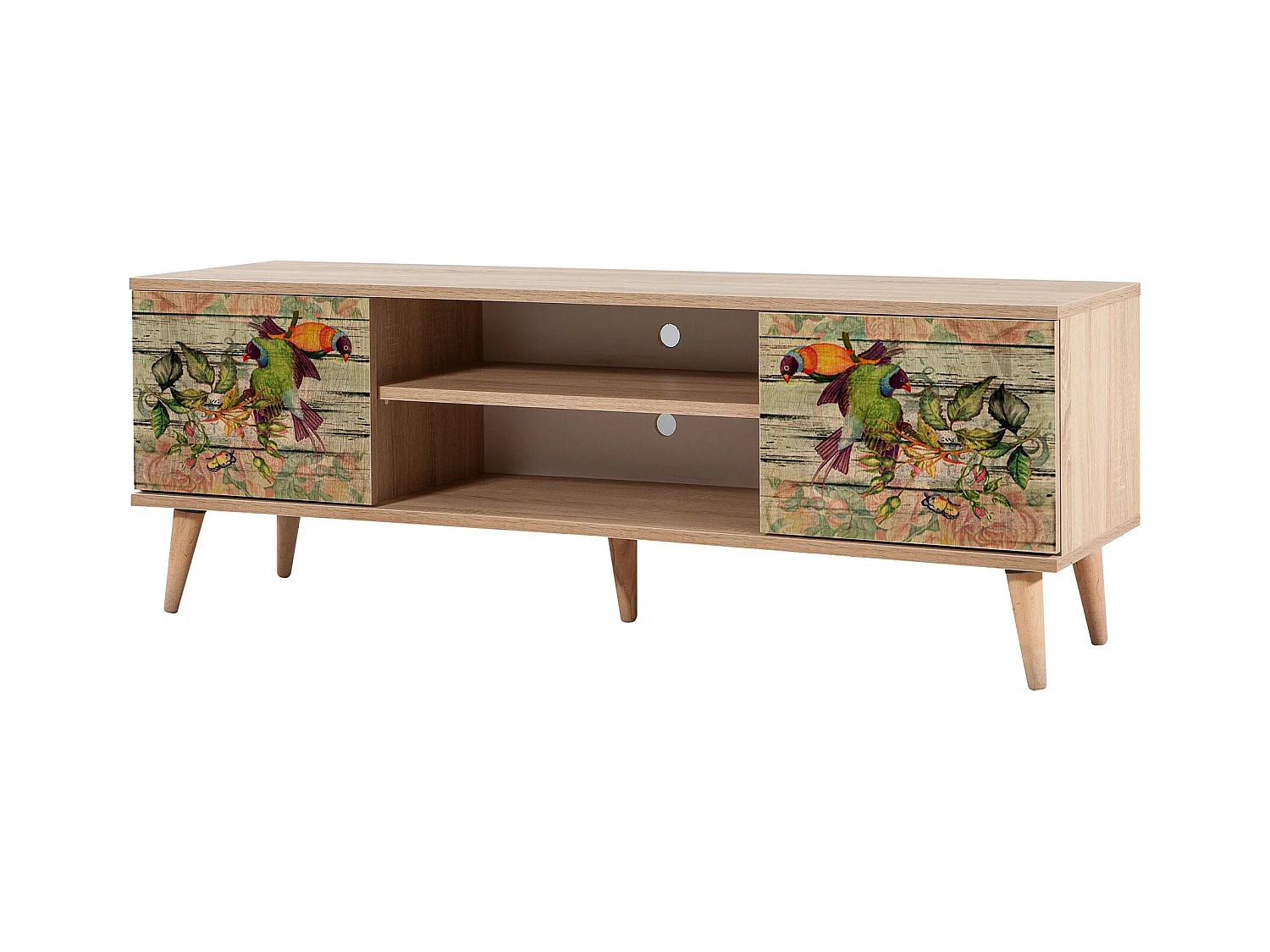 Meuble TV en bois clair à lamelles avec niche Kiza 740