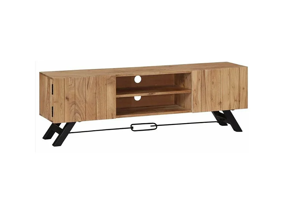 Meuble TV 2 portes acacia massif clair et pieds métal noir Paula
