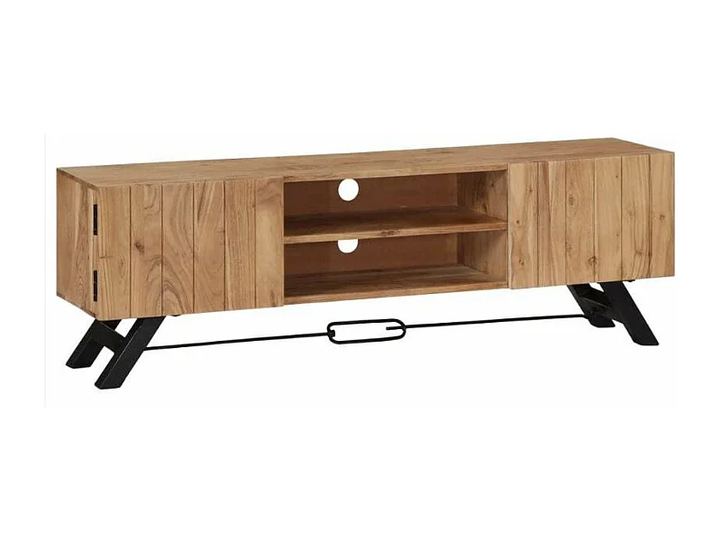 Meuble TV 2 portes acacia massif clair et pieds métal noir Paula