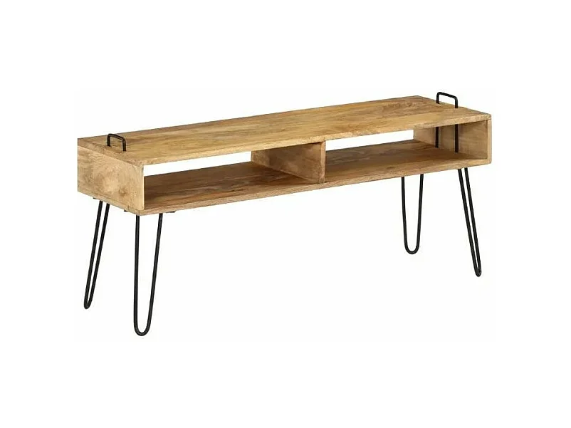 Meuble TV 2 niches manguier massif clair et pieds métal noir Soprana