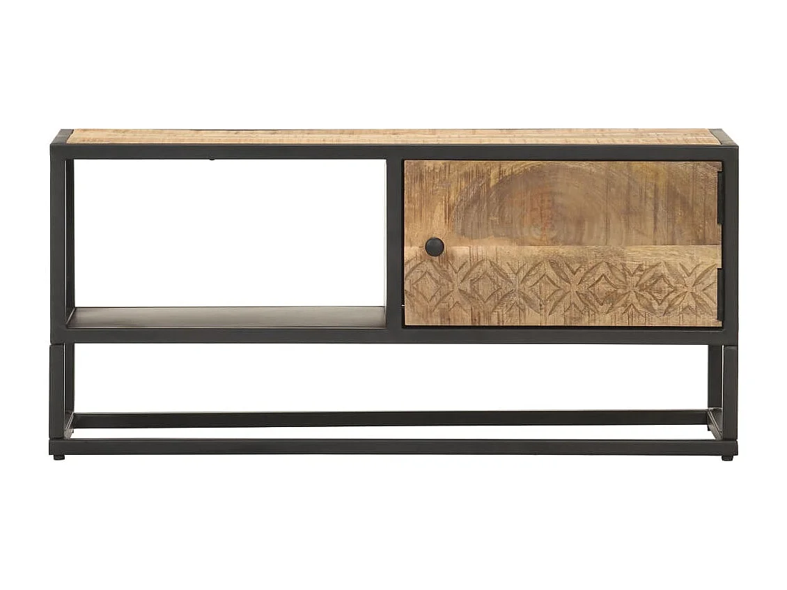 Meuble TV avec porte sculptée 90x30x40 Bois de manguier brut