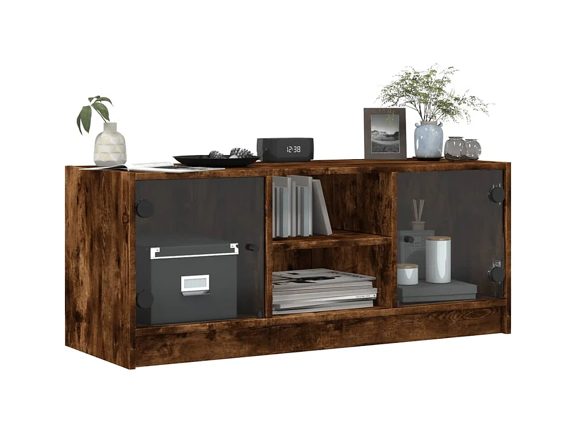 Meuble TV avec portes en verre chêne fumé 102x37x42