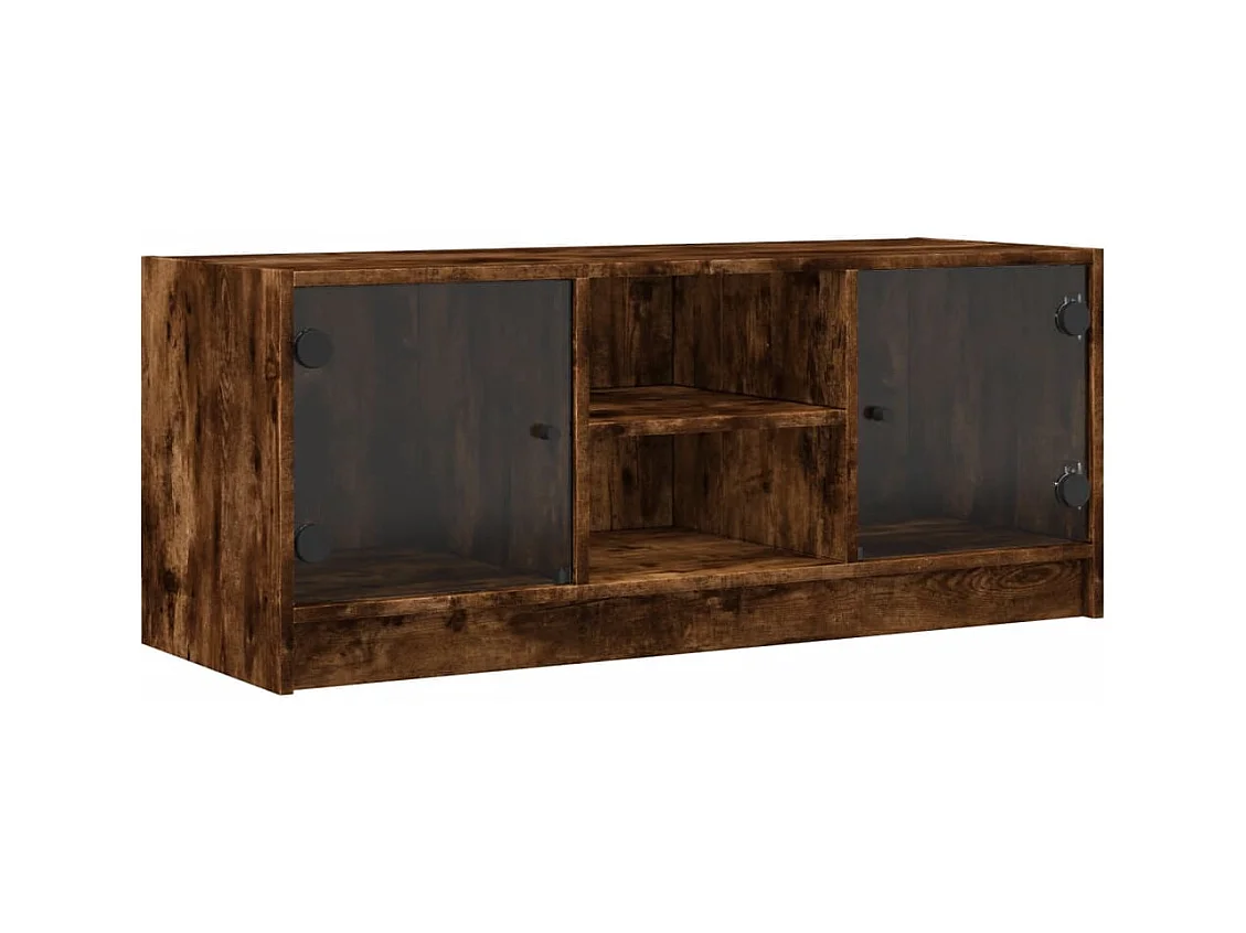 Meuble TV avec portes en verre chêne fumé 102x37x42