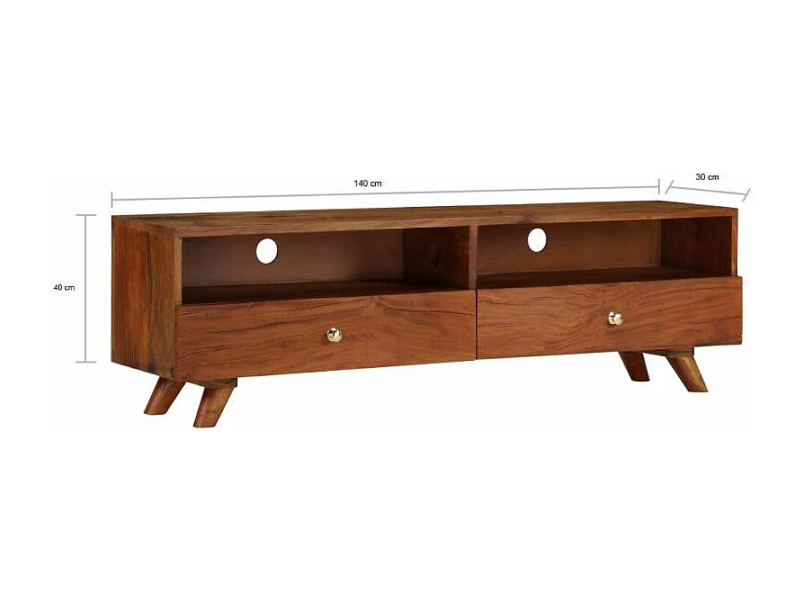 Meuble TV 2 tiroirs 2 niches bois massif recyclé foncé Ache