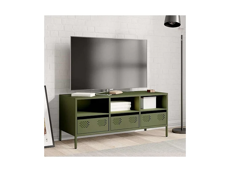 Meuble TV vert olive 101,5x39x43,5 acier laminé à froid