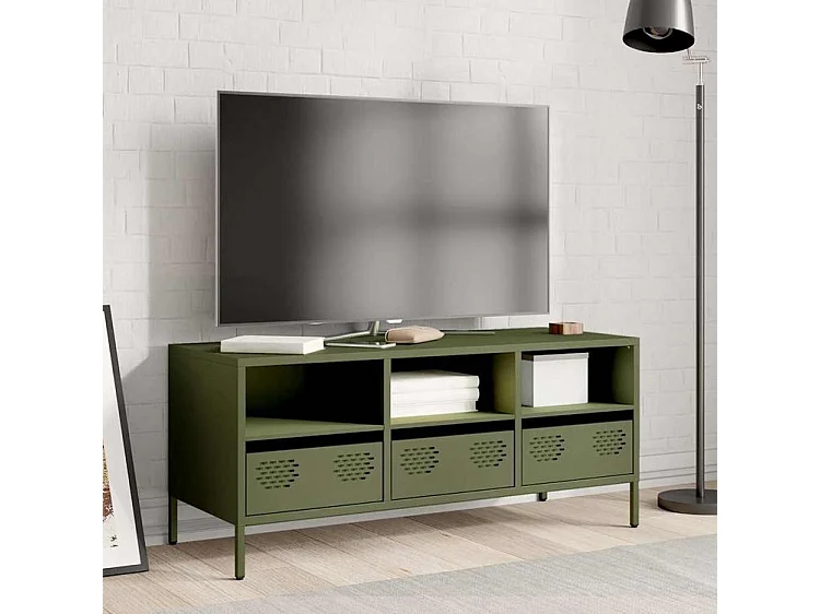 Meuble TV vert olive 101,5x39x43,5 acier laminé à froid