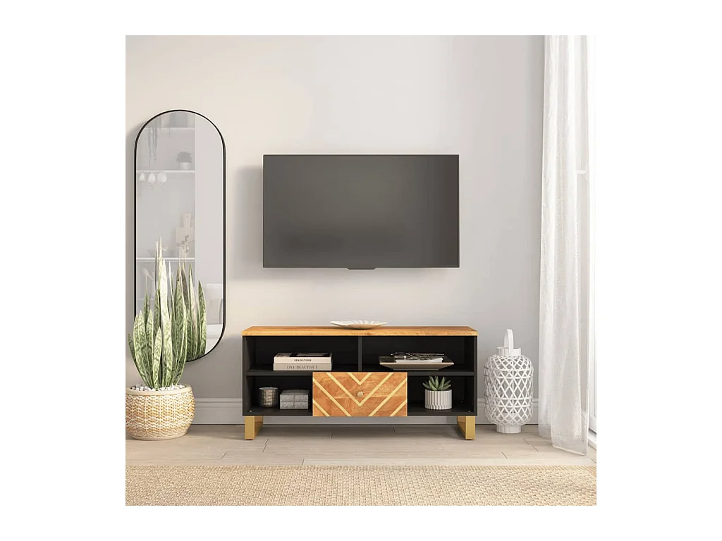Meuble TV marron et noir 100x33,5x46 bois massif de manguier