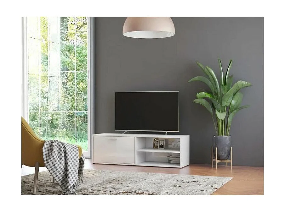 Meuble TV 1 porte 2 niches bois blanc brillant Issero 120cm