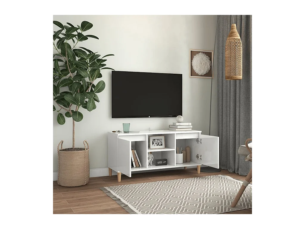 Meuble TV avec pieds en bois Blanc brillant 103,5x35x50