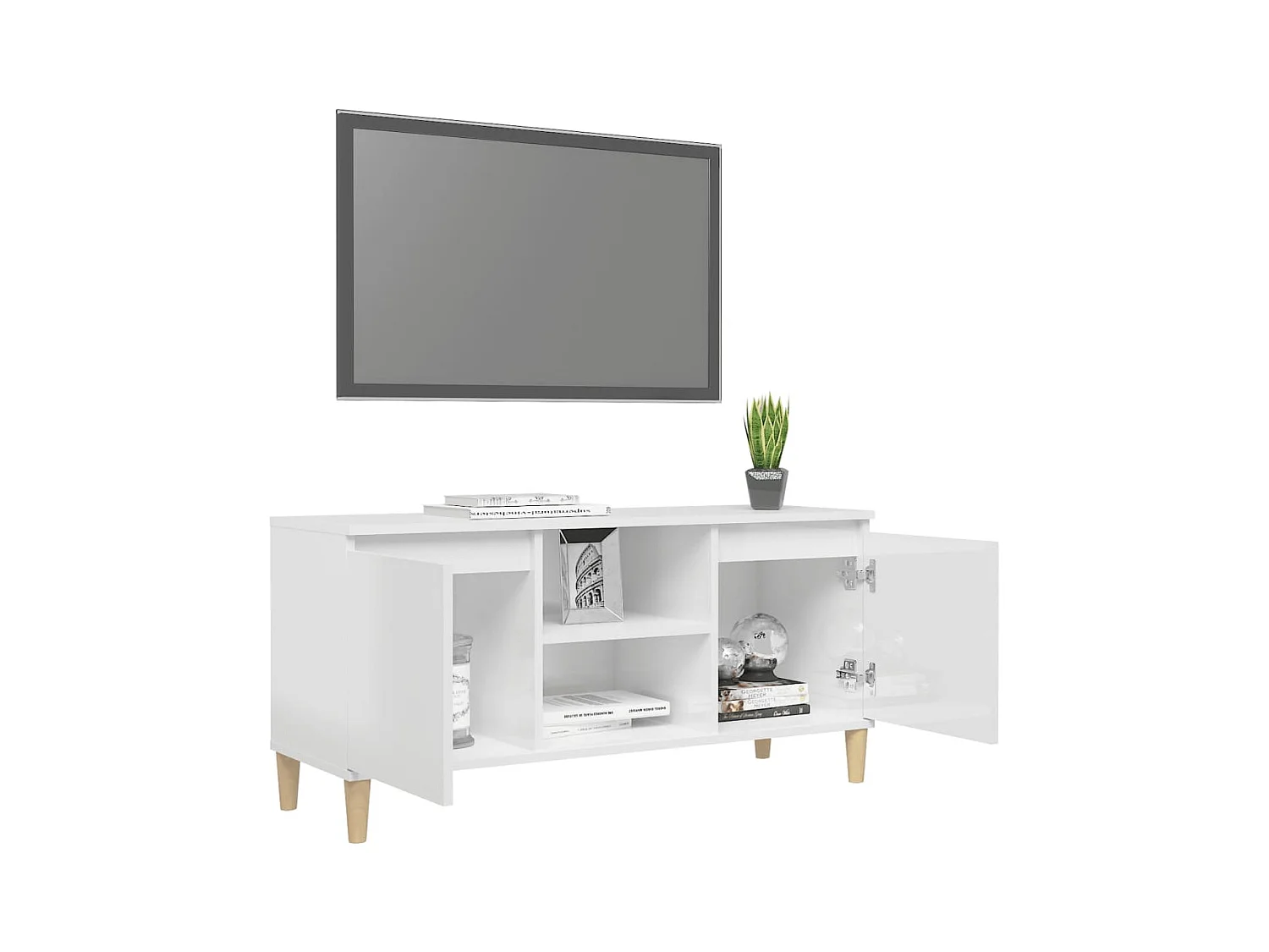 Meuble TV avec pieds en bois Blanc brillant 103,5x35x50