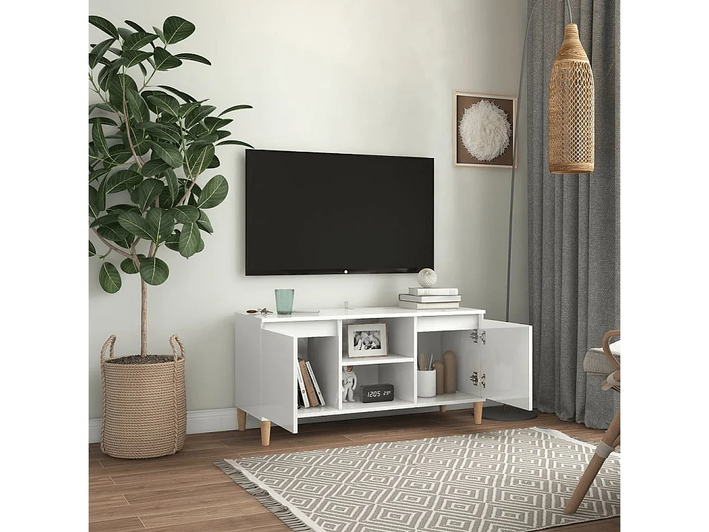 Meuble TV avec pieds en bois Blanc brillant 103,5x35x50