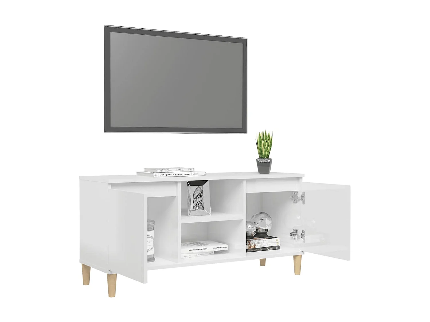 Meuble TV avec pieds en bois Blanc brillant 103,5x35x50