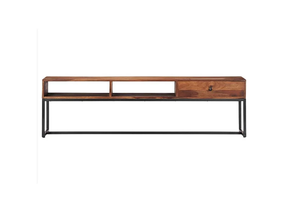 Meuble TV 1 tiroir 2 niches sesham massif foncé et pieds métal noir Vustick