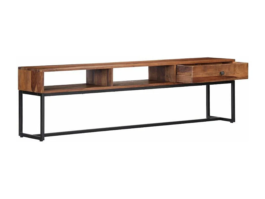 Meuble TV 1 tiroir 2 niches sesham massif foncé et pieds métal noir Vustick