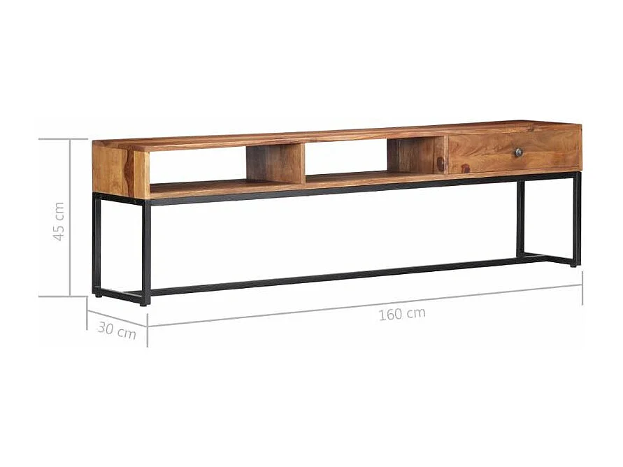 Meuble TV 1 tiroir 2 niches sesham massif foncé et pieds métal noir Vustick