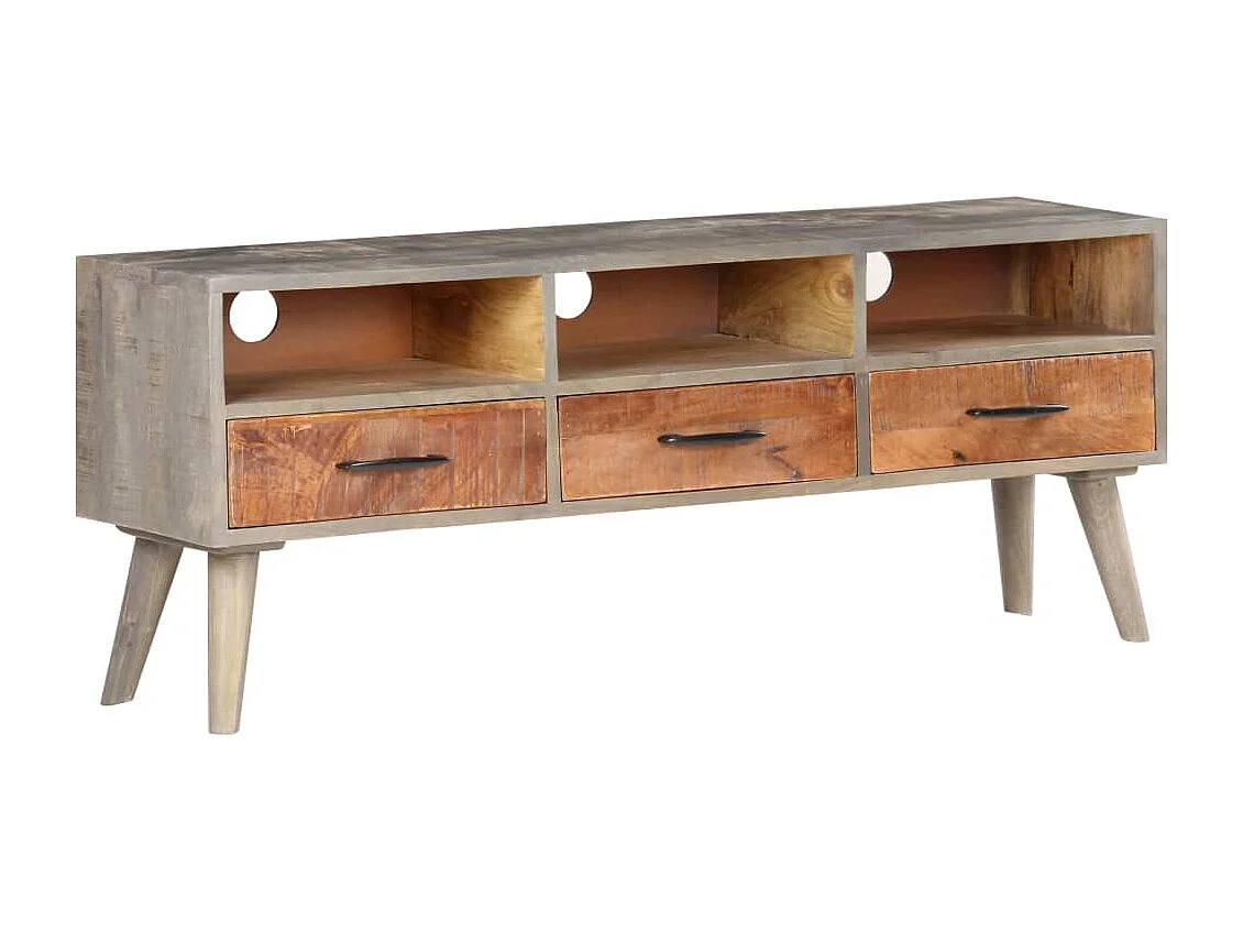 Meuble TV Gris 130x35x51 Bois massif de manguier brut