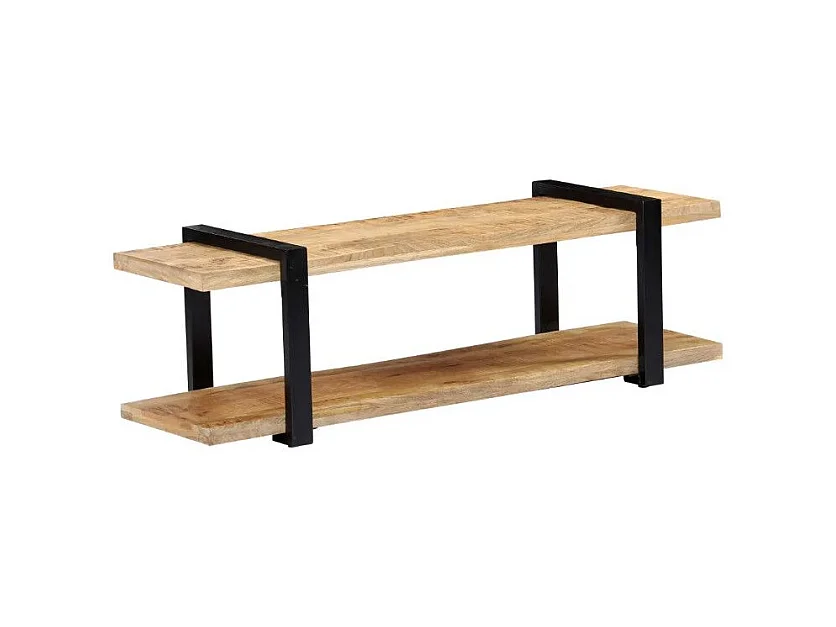 Meuble TV 2 plateaux manguier massif clair et métal noir Maxi