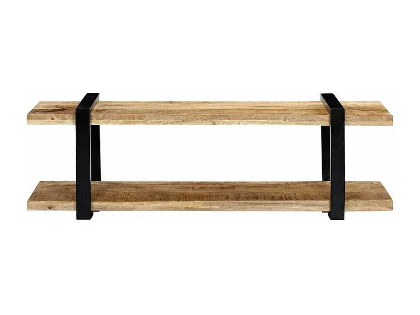 Meuble TV 2 plateaux manguier massif clair et métal noir Maxi