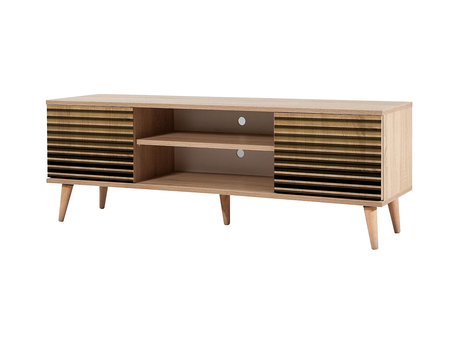 Mueble de TV de roble Sonoma – 140 cm – Revestido 100% melamina – Patas de madera de carpe